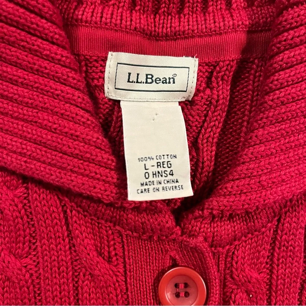 LL Bean Red Short Sleeve Cable Knit Button Down Cardigan Sweater Large Coastal - Picture 5 of 10